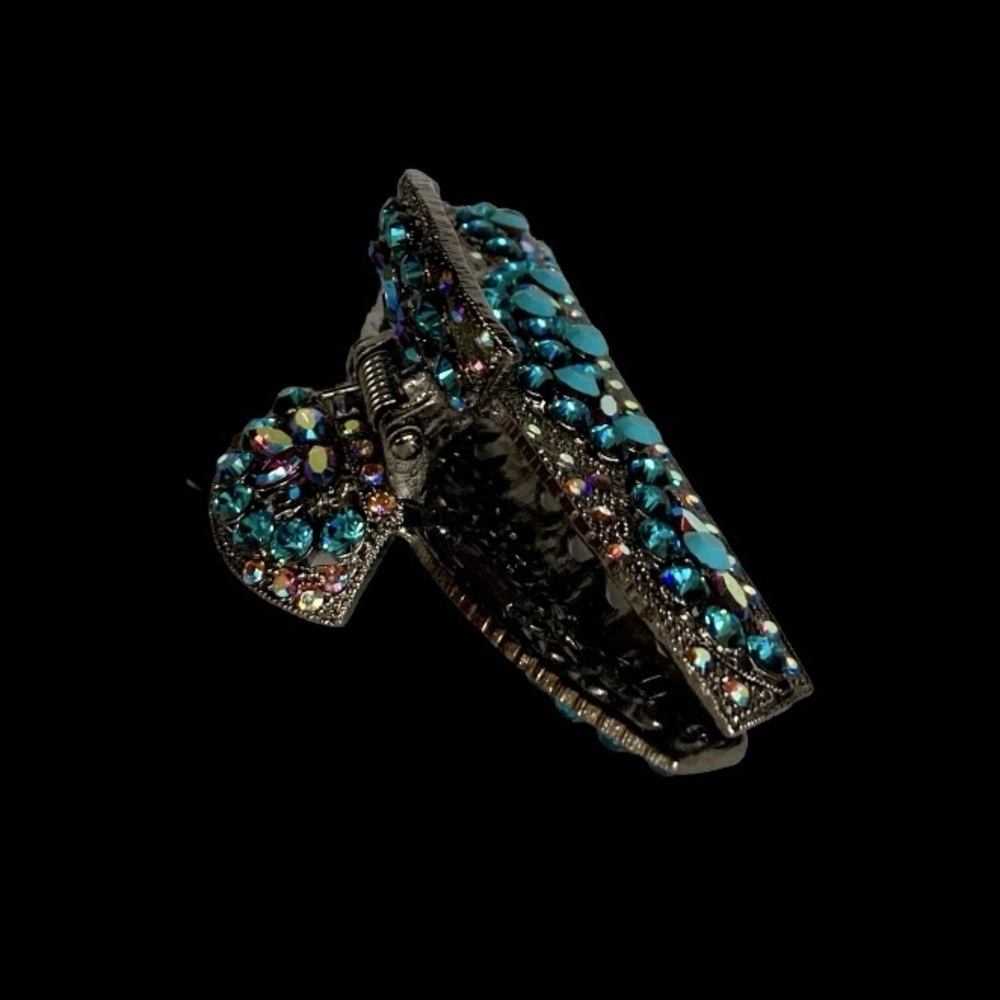 Elegant Turquoise, Rhinestone and Gunmetal Claw Hair Clip Gorgeous France
